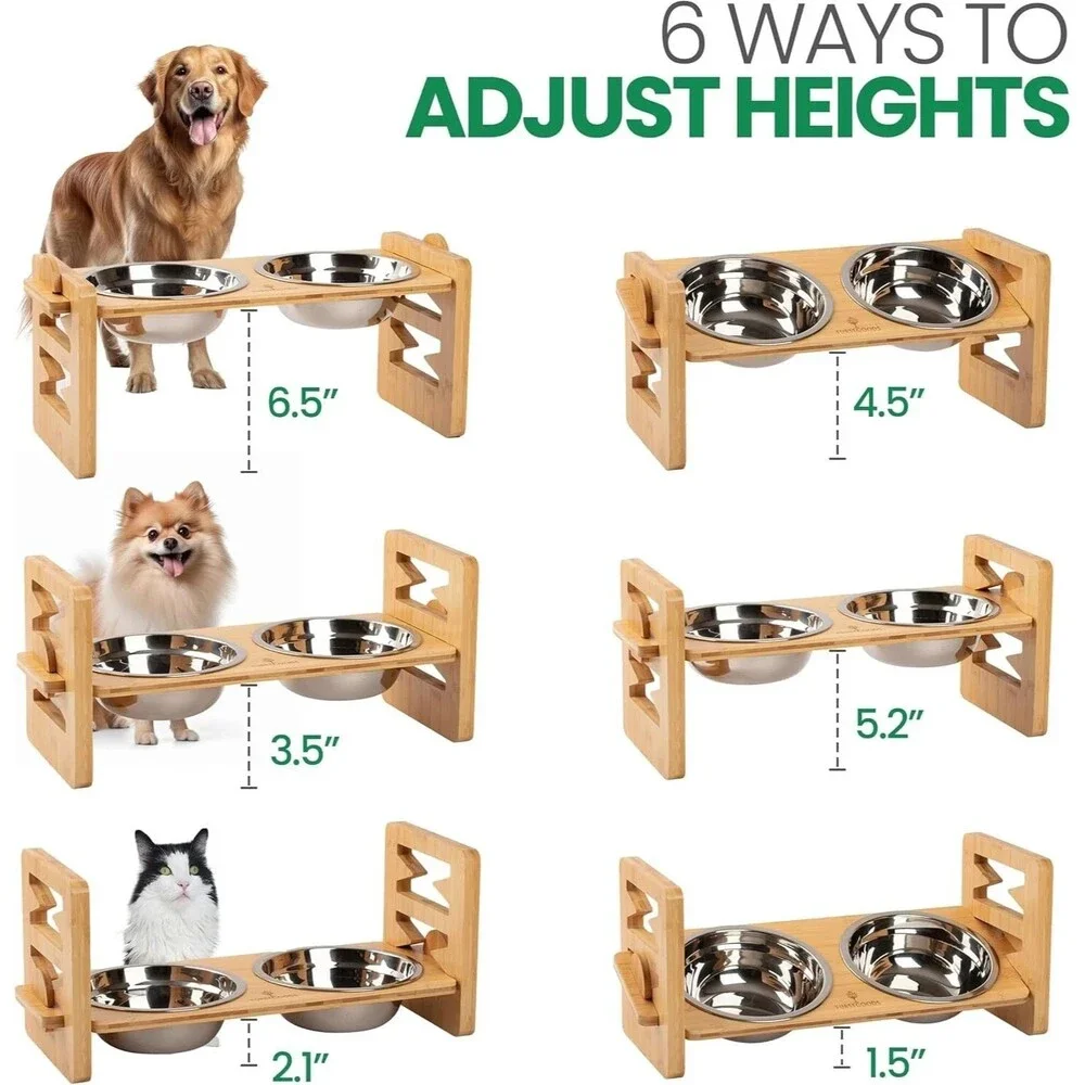 Bamboo Elevated Dog Bowl Stand with Stainless Steel Bowls